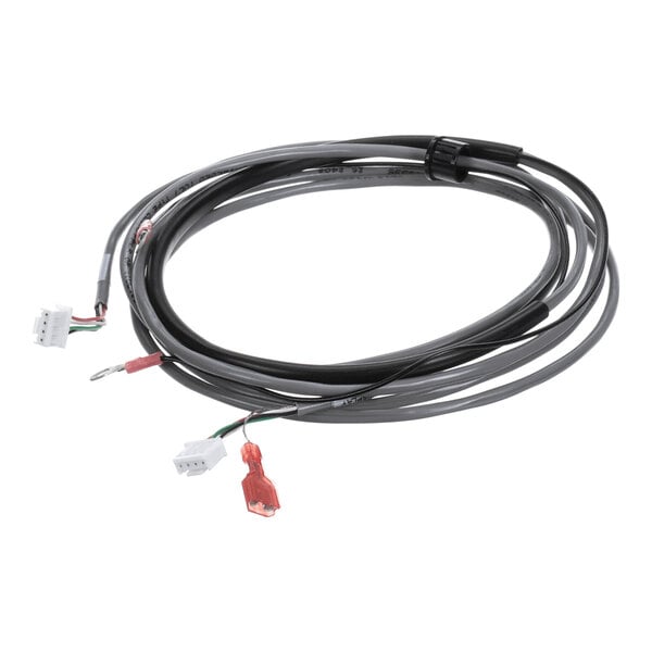A coiled black cable with multiple connectors and exposed wires at the ends.