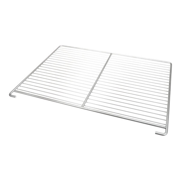 A rectangular metal wire shelf with evenly spaced horizontal bars and two bent edges for support.