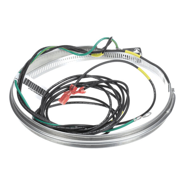 A coiled metal band with attached electrical wires and connectors, likely part of a heating or electrical component.
