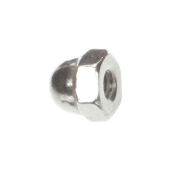 A small, metallic, hexagonal cap nut with a low crown and a threaded hole in the center.