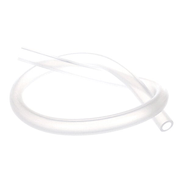 A coiled, transparent, flexible tube with a hollow interior and smooth surface.