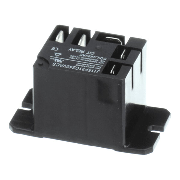 A black rectangular electrical relay with metal prongs and white printed labeling on the top surface.
