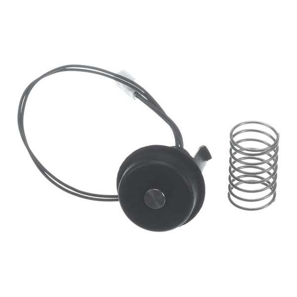 A black circular component with an attached wire and a separate metal coil spring placed beside it, both on a white background.