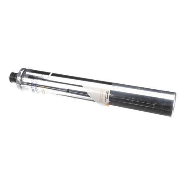 A cylindrical, metallic filter cartridge with a label and a black cap on one end.