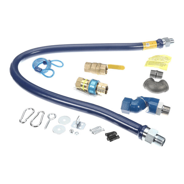 A blue flexible hose with metal fittings, accompanied by various metal connectors, a valve, a blue cord, and mounting hardware.