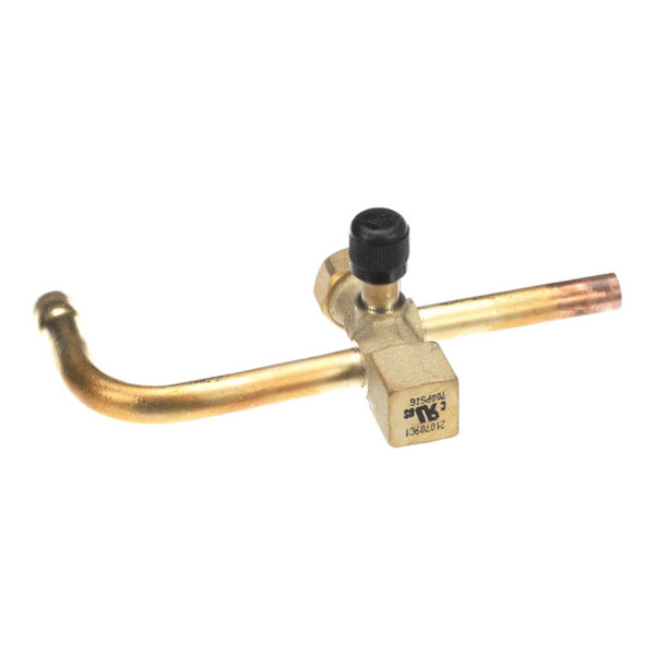 A brass valve with a black knob and two copper pipe connections, one of which is bent at a right angle.
