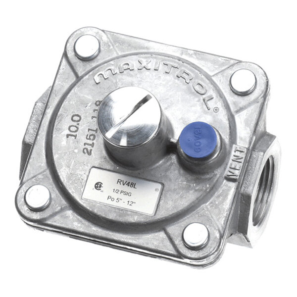 A metallic gas regulator with a circular adjustment knob, a blue cap, and labeled markings, including 'MAXITROL' and 'RV48L.'