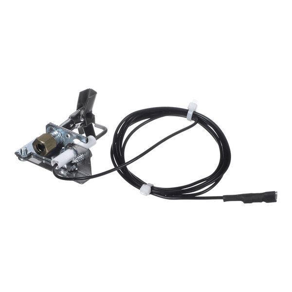 A metal pilot assembly with an attached black wire and connector, featuring a mounting bracket and ceramic insulator.
