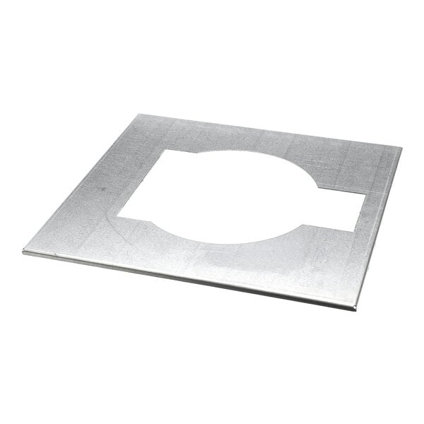 A square metallic plate with a large circular cutout in the center and straight edges.