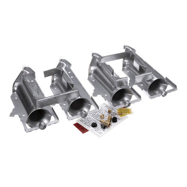 Three metallic burner tubes with mounting brackets and a small assortment of fittings, screws, and instruction sheets are arranged on a white background.