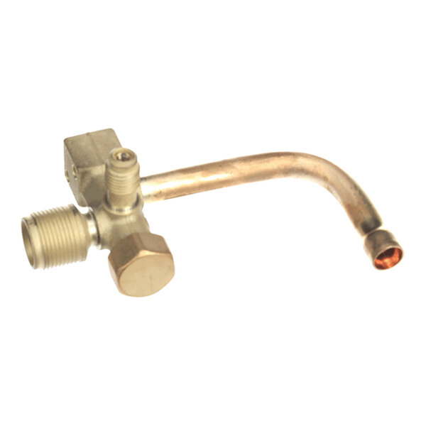 A metal valve assembly with a bent copper tube and threaded connectors.