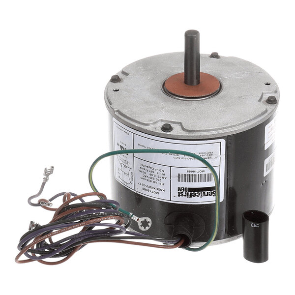 A cylindrical electric motor with a central shaft, attached wires, and a label on the side.