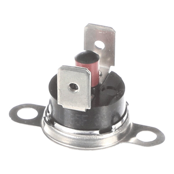 A small round electronic component with two metal terminals and a mounting base with two holes.
