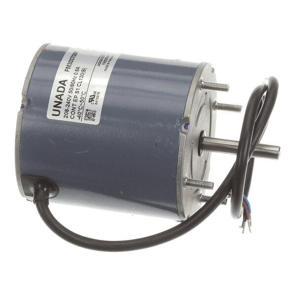 A cylindrical electric motor with a blue casing, protruding metal shaft, mounting bolts, and attached black electrical wires.