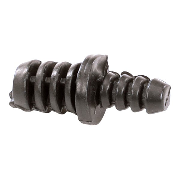 A small, black, ribbed plastic plug with a stepped cylindrical shape and flanged middle section.