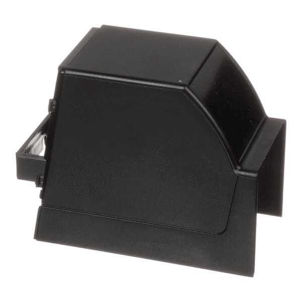 A black, angular plastic cover with a protruding section and a small transparent part on one side.
