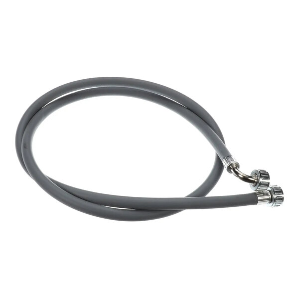A gray flexible hose with metal connectors on both ends, coiled in a loop.
