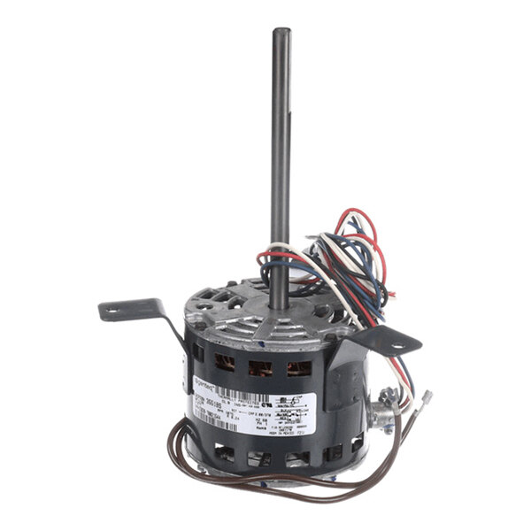 A cylindrical electric motor with a central shaft, mounting brackets, and several colored wires extending from the side.