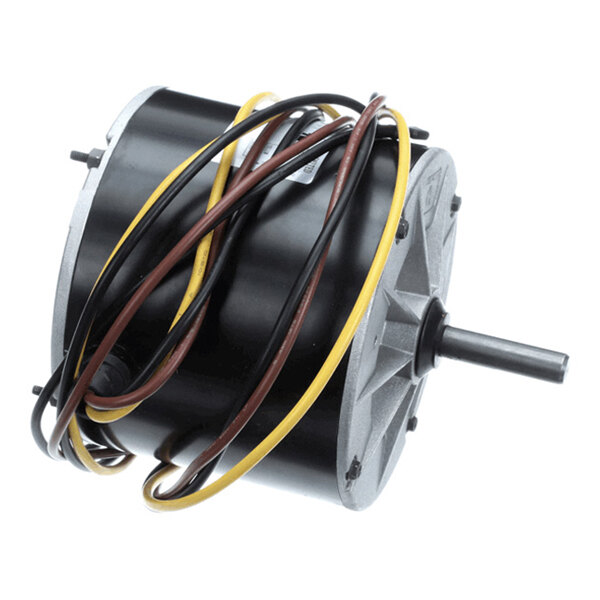 A cylindrical electric motor with a protruding shaft and several colored wires wrapped around its body.