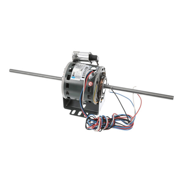 A cylindrical electric motor with a central mounting bracket, two long metal shafts extending from both sides, and several colored wires attached.