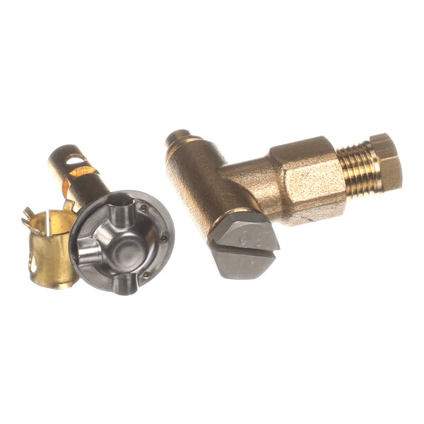 Two metallic components, one with a threaded end and angled body, and the other with a cylindrical shape and circular base, both with a brass-like finish.