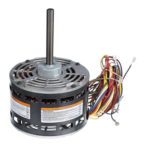 A cylindrical electric motor with a central shaft and multiple colored wires extending from one side.