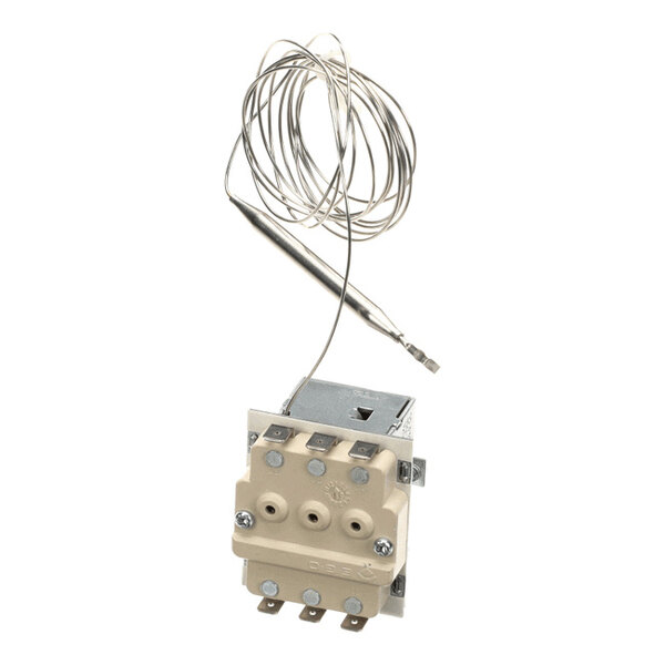 A metal thermostat device with a beige plastic component, multiple terminals, and an attached coiled metal sensor probe.