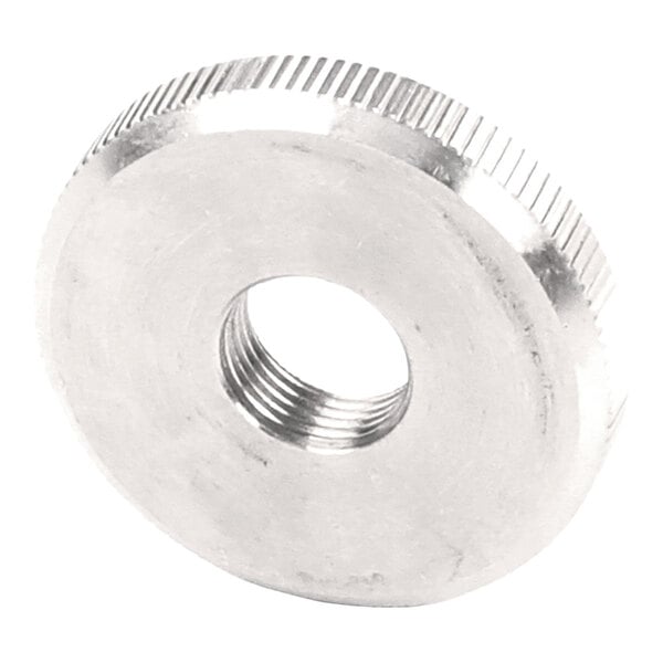A round metallic washer with a threaded central hole and a knurled edge.