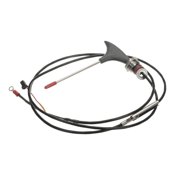 A long, flexible cable with a metal probe on one end and a black plastic handle on the other, featuring a red-tipped metal rod and electrical connectors.
