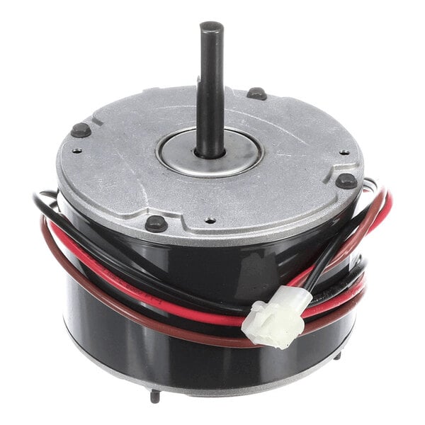 A cylindrical electric motor with a central shaft, attached wires, and a white connector.