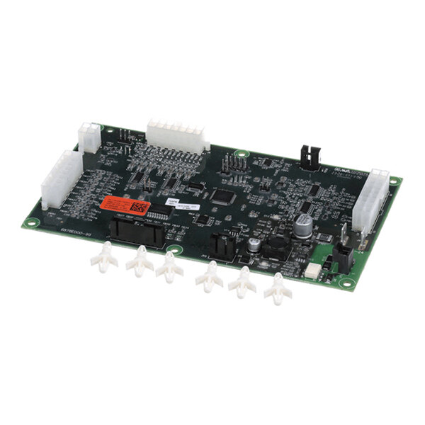 A green printed circuit board with various electronic components, connectors, and five white plastic standoffs placed in front of it.