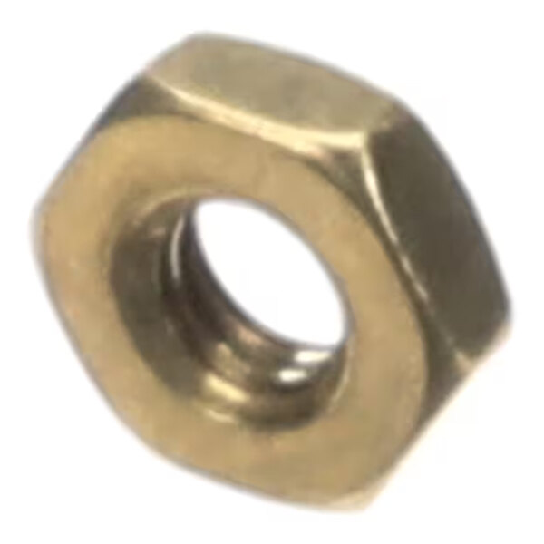 A brass-colored hexagonal nut with a threaded hole in the center.