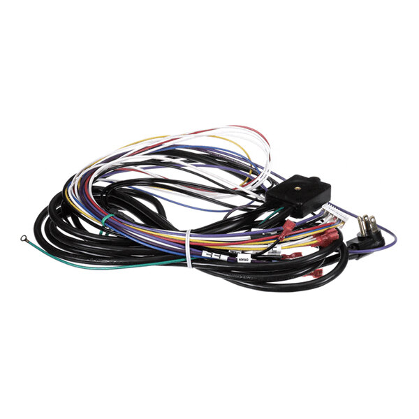 A coiled bundle of multicolored electrical wires with connectors and a black plastic component attached.