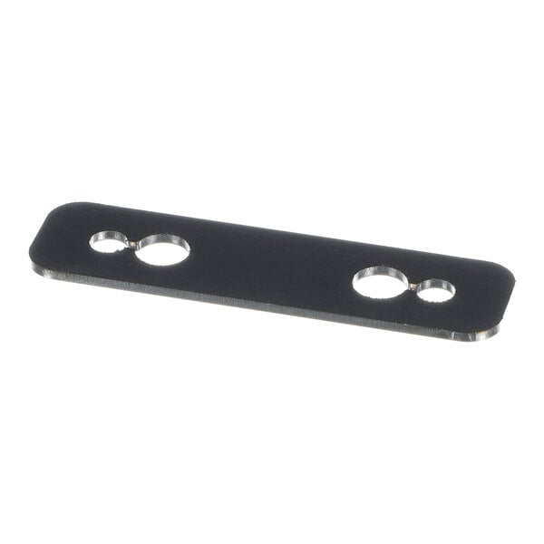 A flat, rectangular metal plate with rounded corners and four circular holes of varying sizes arranged in pairs.