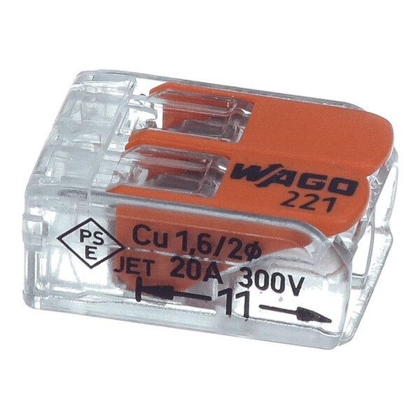A transparent plastic electrical connector with two orange levers and printed specifications on the side.