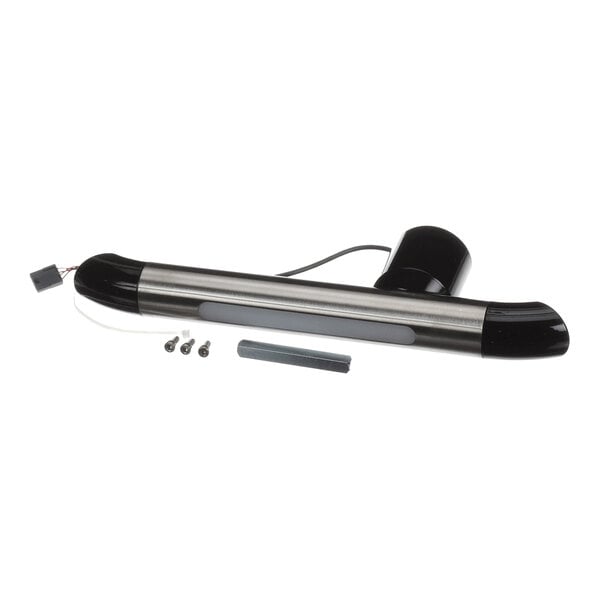 A metallic and black handle assembly with a cylindrical shape, accompanied by screws and a small rectangular component, all laid out on a white background.