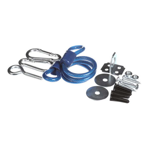 A set of metal hardware components including a blue coiled cable, carabiners, screws, washers, and mounting brackets.