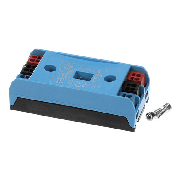 A blue rectangular electronic component with multiple terminal connectors and two screws placed beside it.