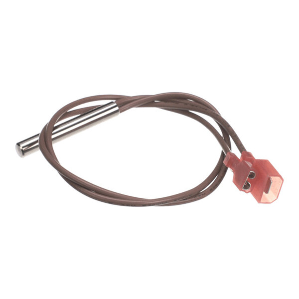 A cylindrical metal sensor attached to a brown cable with a red plastic connector at the end.