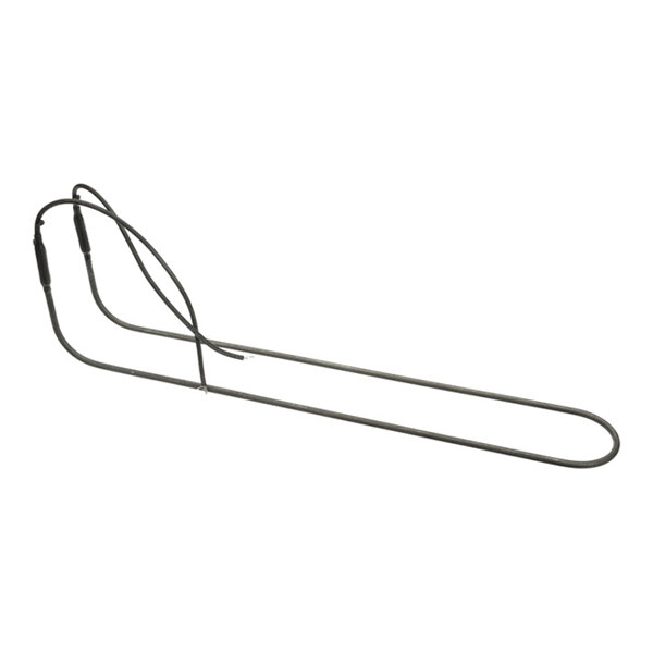 A metal heating element with attached wires, bent into a long, narrow looped shape.