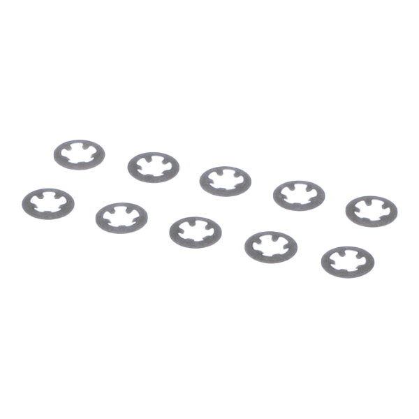 Ten small, flat, circular metal rings with star-shaped inner cutouts are arranged on a white background.