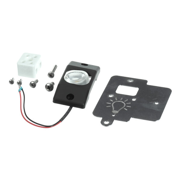 A set of components including a black wired light fixture, a metal mounting plate with a light bulb symbol, a white connector block, and several screws, arranged on a white background.