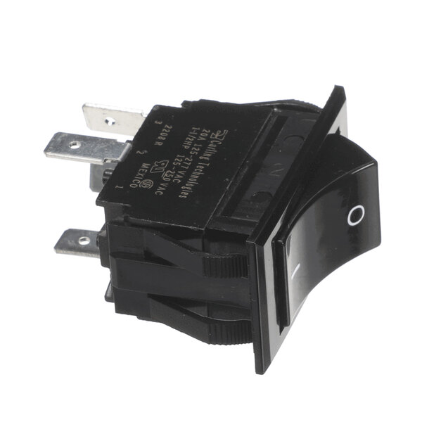 A black rocker switch with metal prongs and on/off markings visible on the front.