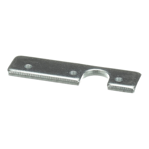 A flat, metallic plate with three screw holes and a semi-circular cutout along one edge.