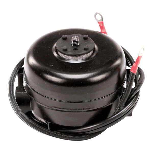 A black cylindrical motor with attached wires, featuring a central threaded shaft and mounting points on top.