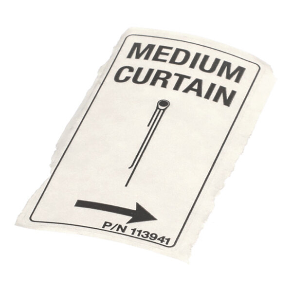 A rectangular label with the text 'MEDIUM CURTAIN,' a diagram of a curtain rod, an arrow pointing right, and 'P/N 113941' at the bottom.