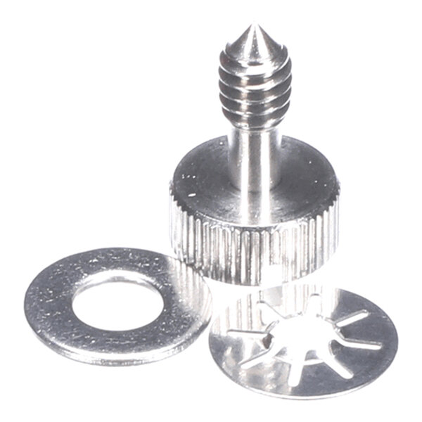 A metal screw with a knurled head is shown alongside two metal washers, one flat and one with star-shaped prongs.