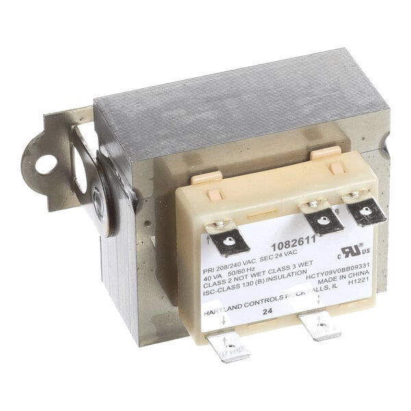 A metal and plastic electrical transformer with labeled terminals and a mounting bracket.