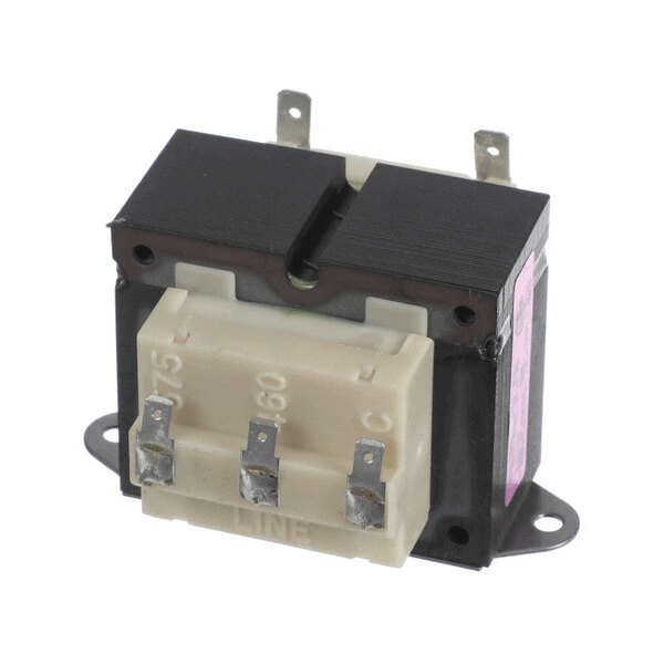 A rectangular electrical transformer with metal mounting flanges, multiple metal terminals, and a beige plastic terminal block labeled with numbers.