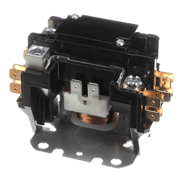 A black and metallic electrical contactor with multiple brass terminals and a visible copper coil at the base.